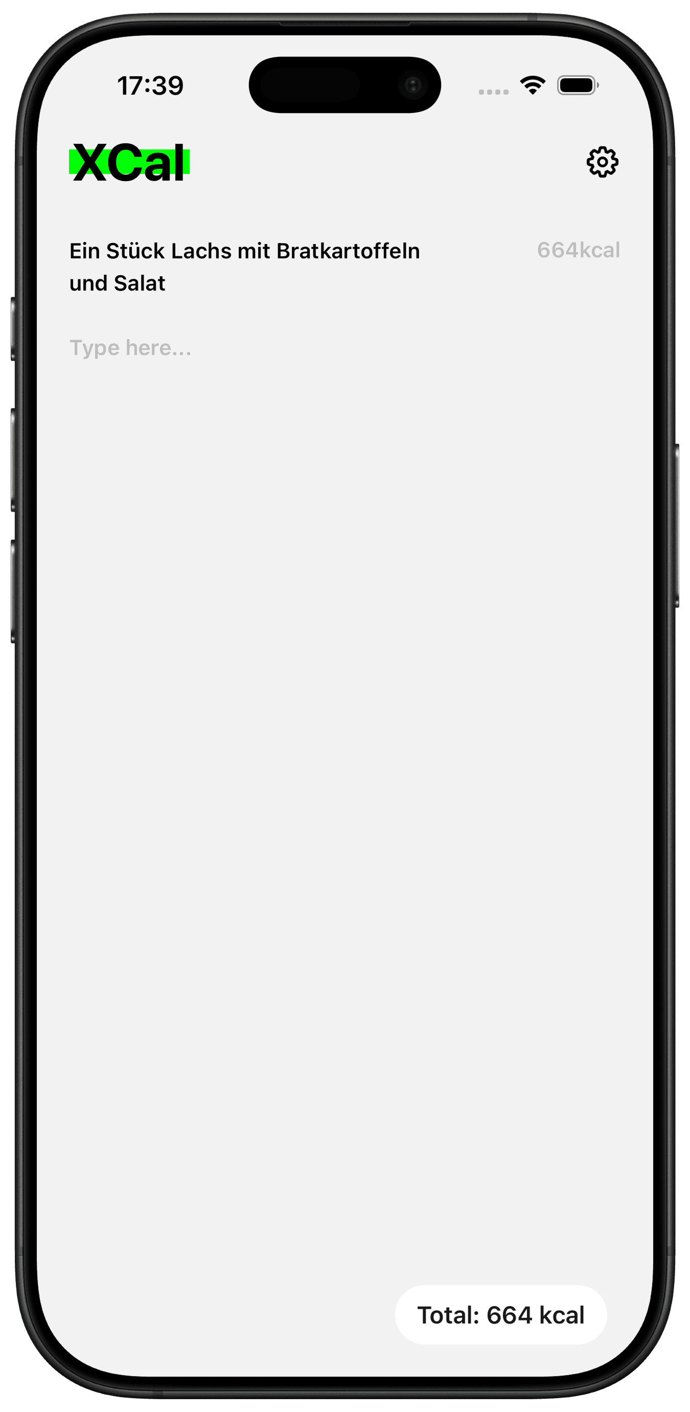 Screenshot of the Xcal app showing a calorie tracking interface